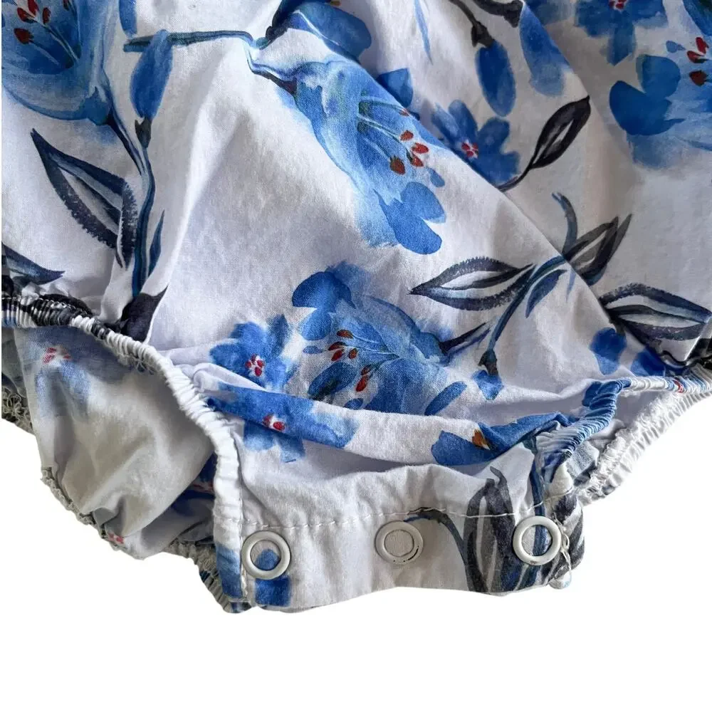 Teela Girls Light Blue Floral Cotton Lace Trim Toile Bubble Romper Boutique 18M